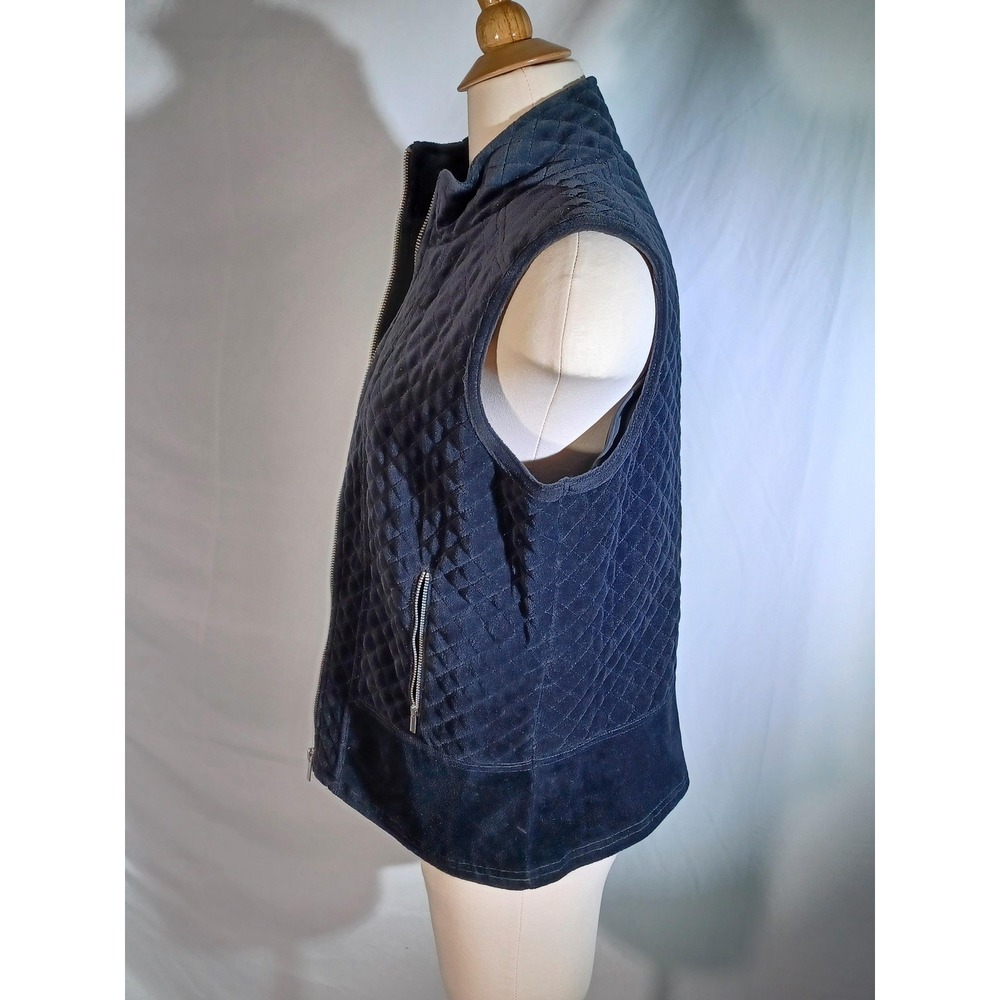 Liz Claiborne Vest Womens Petite Medium PM Blue Quilted Velour Full Zip Pockets - Picture 2 of 5